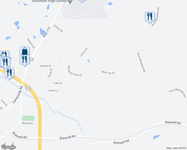 map of restaurants, bars, coffee shops, grocery stores, and more near 50 Mountain View Drive in Rockmart