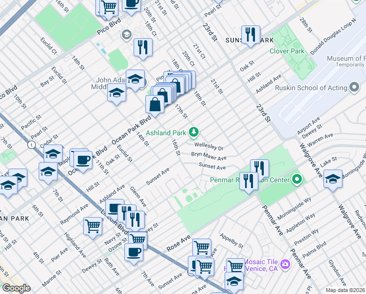 map of restaurants, bars, coffee shops, grocery stores, and more near in Santa Monica