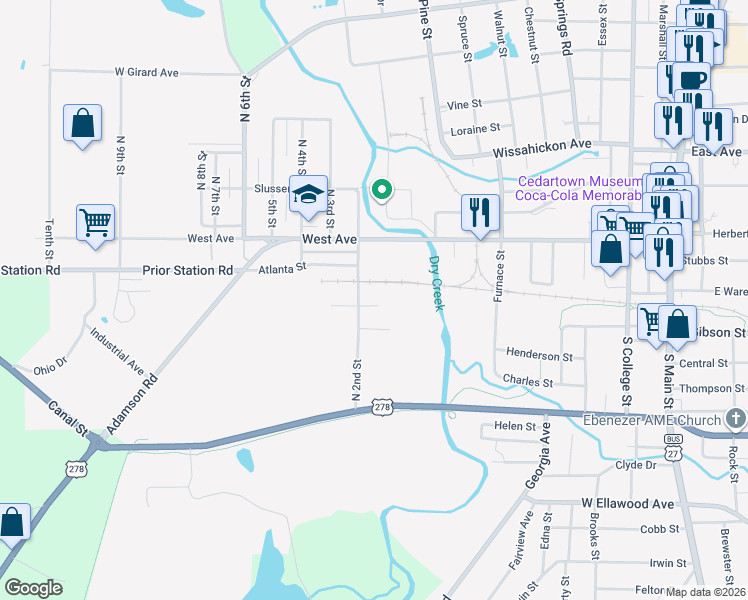 map of restaurants, bars, coffee shops, grocery stores, and more near 120 Jackson Street in Cedartown