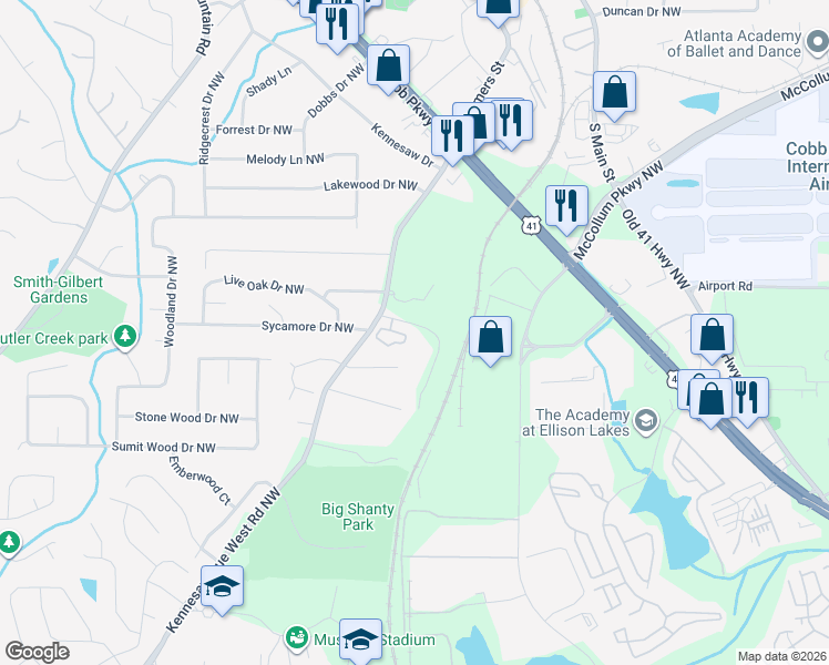 map of restaurants, bars, coffee shops, grocery stores, and more near 2232 Orchard Park Circle Northwest in Kennesaw