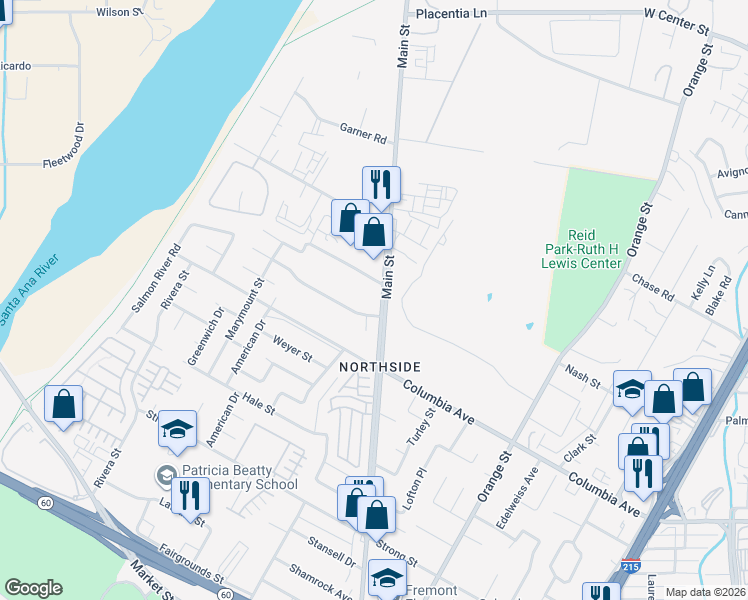 map of restaurants, bars, coffee shops, grocery stores, and more near 3842 Carter Avenue in Riverside