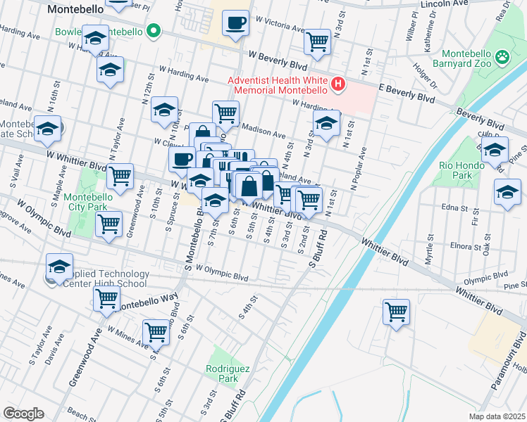 map of restaurants, bars, coffee shops, grocery stores, and more near 400 West Whittier Boulevard in Montebello