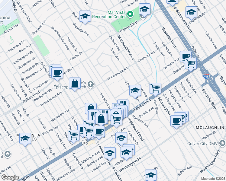 map of restaurants, bars, coffee shops, grocery stores, and more near 3660 Inglewood Boulevard in Los Angeles