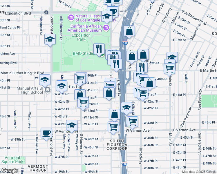 map of restaurants, bars, coffee shops, grocery stores, and more near 4125 South Figueroa Street in Los Angeles