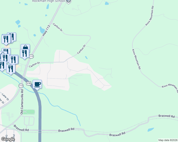 map of restaurants, bars, coffee shops, grocery stores, and more near 46 Mountain View Drive in Rockmart