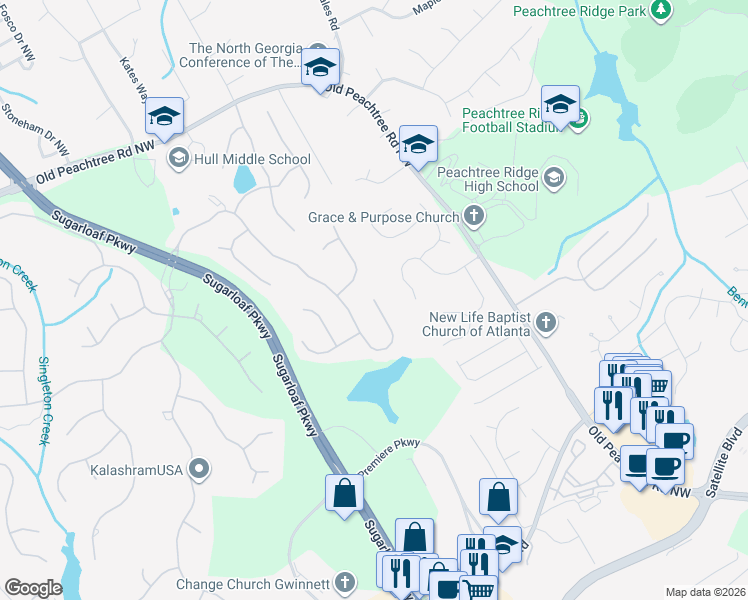 map of restaurants, bars, coffee shops, grocery stores, and more near 1610 Briergate Drive in Duluth