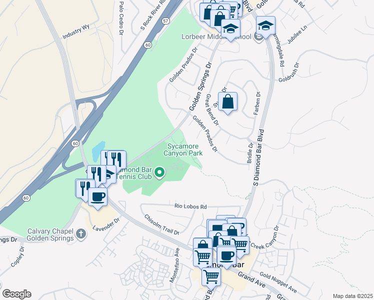 map of restaurants, bars, coffee shops, grocery stores, and more near 22930 Golden Springs Drive in Diamond Bar