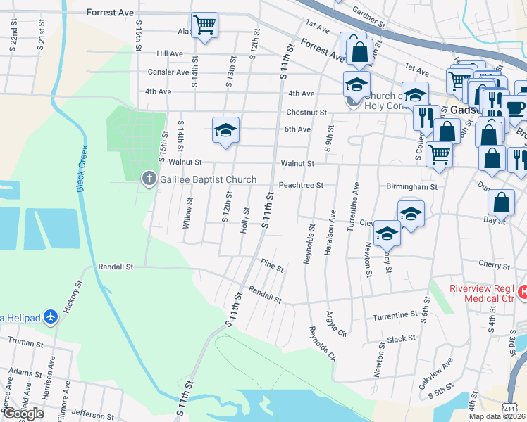 map of restaurants, bars, coffee shops, grocery stores, and more near 922 South 11th Street in Gadsden