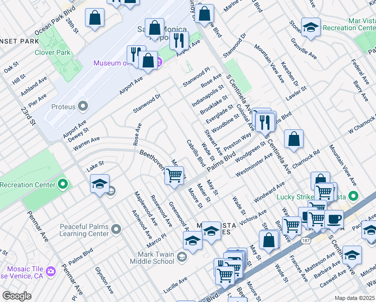 map of restaurants, bars, coffee shops, grocery stores, and more near 3435 Cabrillo Boulevard in Los Angeles