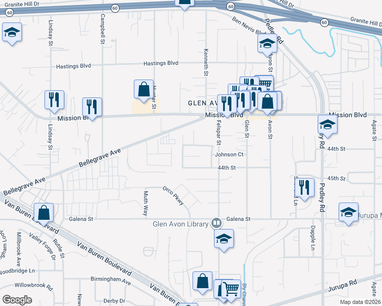 map of restaurants, bars, coffee shops, grocery stores, and more near 9278 Signature Street in Riverside