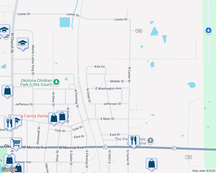 map of restaurants, bars, coffee shops, grocery stores, and more near 300 Washington Street in Okolona