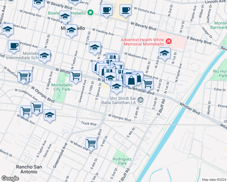 map of restaurants, bars, coffee shops, grocery stores, and more near 125 South Montebello Boulevard in Montebello