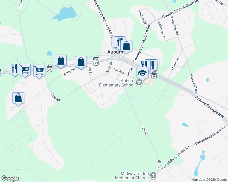 map of restaurants, bars, coffee shops, grocery stores, and more near 47 Pool Circle in Auburn