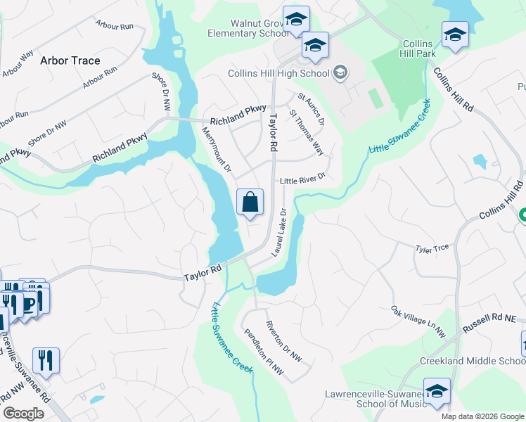 map of restaurants, bars, coffee shops, grocery stores, and more near 2197 Merrymount Drive in Suwanee