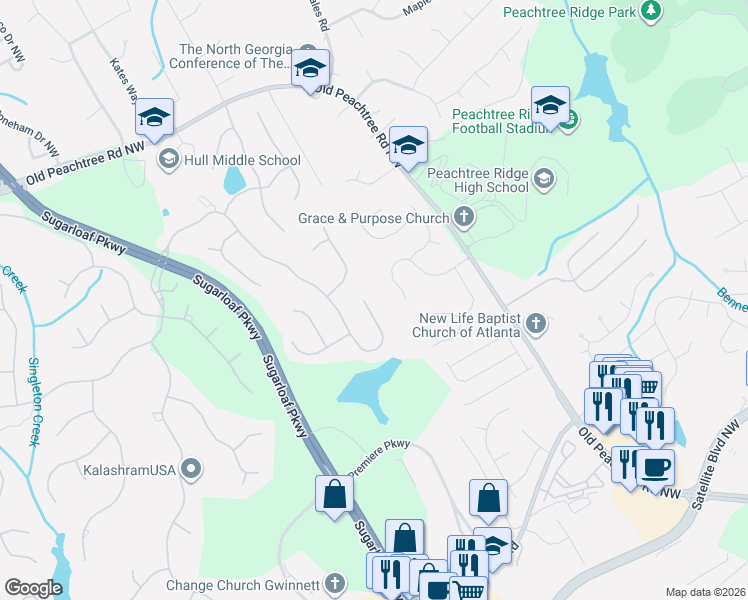 map of restaurants, bars, coffee shops, grocery stores, and more near 1540 Briergate Drive in Duluth