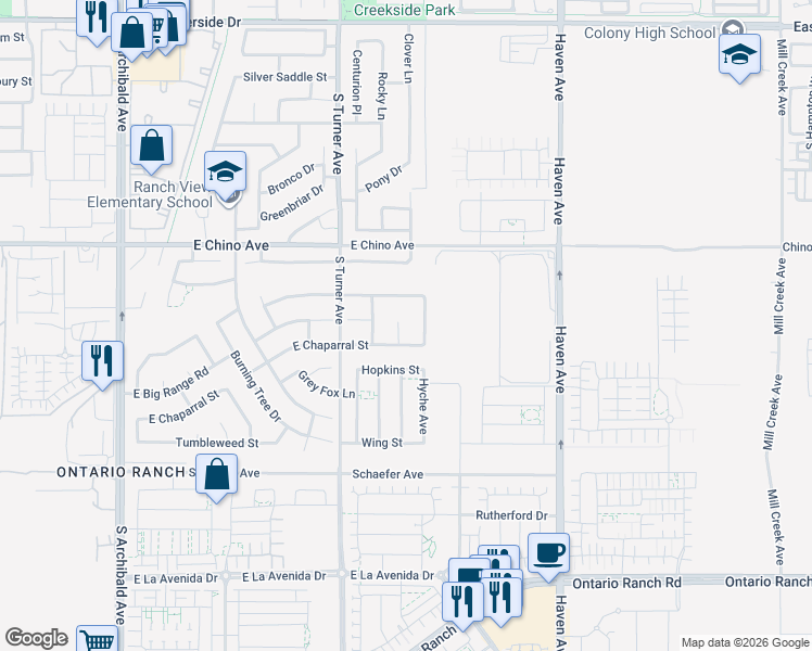 map of restaurants, bars, coffee shops, grocery stores, and more near 3529 Rocky Place in Ontario
