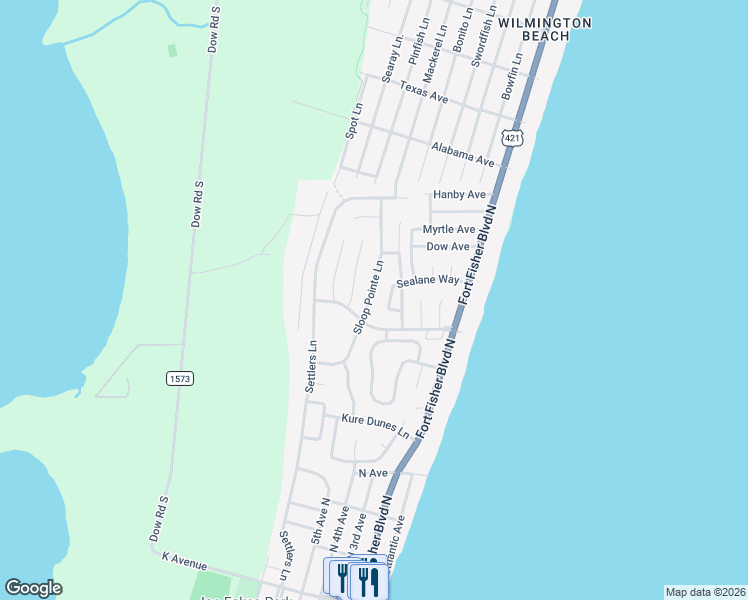 map of restaurants, bars, coffee shops, grocery stores, and more near 341 Sealane Way in Kure Beach