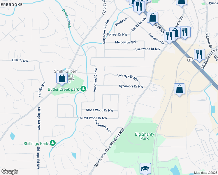 map of restaurants, bars, coffee shops, grocery stores, and more near 1416 Sycamore Drive Northwest in Kennesaw