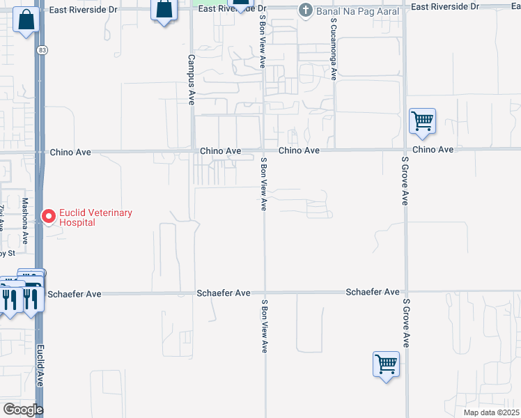 map of restaurants, bars, coffee shops, grocery stores, and more near 13446 South Bon View Avenue in Ontario