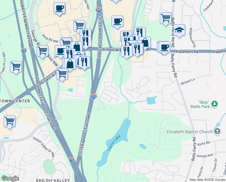 map of restaurants, bars, coffee shops, grocery stores, and more near 124 Flatwood Trail in Marietta