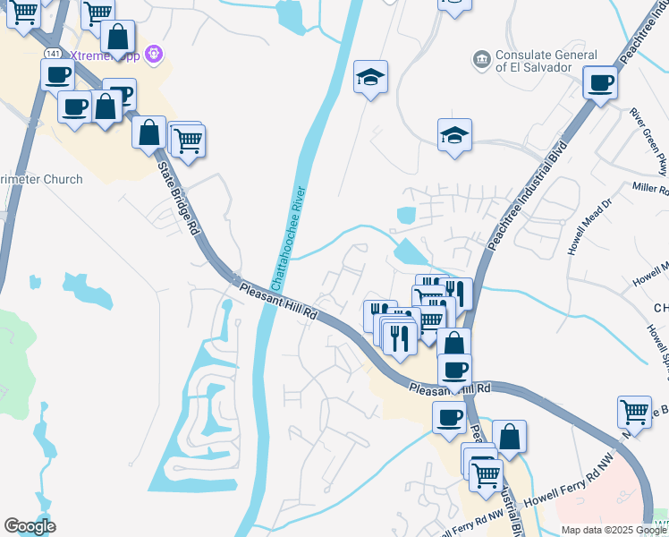 map of restaurants, bars, coffee shops, grocery stores, and more near 611 River Chase Trail in Duluth
