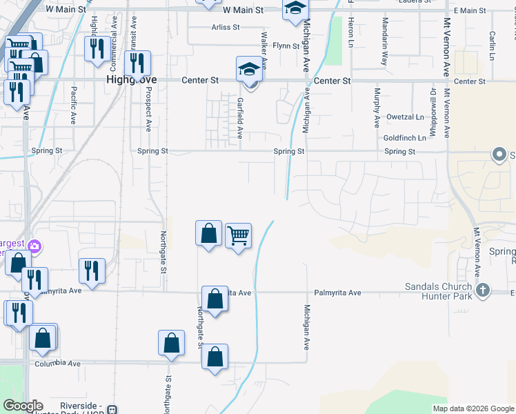 map of restaurants, bars, coffee shops, grocery stores, and more near 608 Keown Court in Riverside