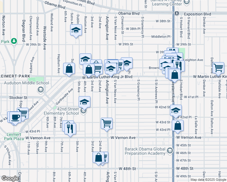 map of restaurants, bars, coffee shops, grocery stores, and more near 4125 South Van Ness Avenue in Los Angeles