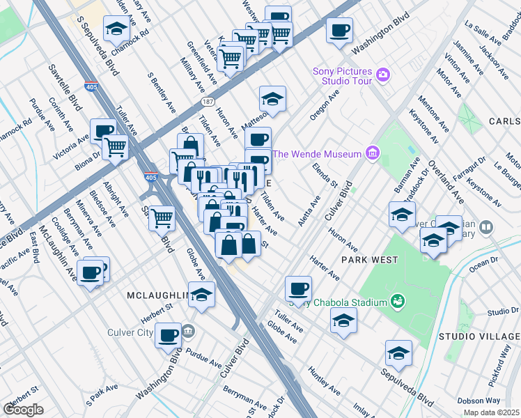 map of restaurants, bars, coffee shops, grocery stores, and more near in Culver City