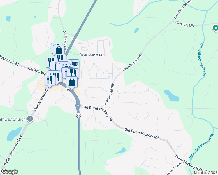 map of restaurants, bars, coffee shops, grocery stores, and more near 223 Cheatham Road Northwest in Acworth