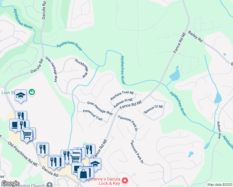map of restaurants, bars, coffee shops, grocery stores, and more near 2536 Kachina Trail Northeast in Dacula
