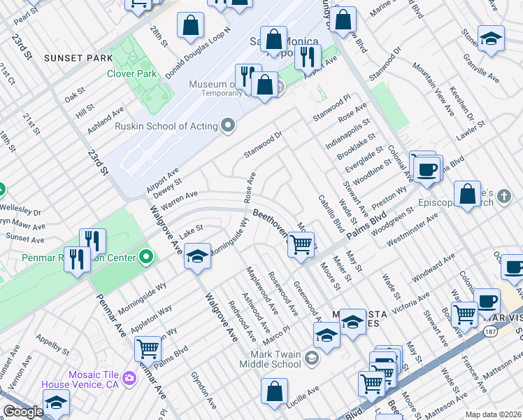 map of restaurants, bars, coffee shops, grocery stores, and more near 3324 Beethoven Street in Los Angeles