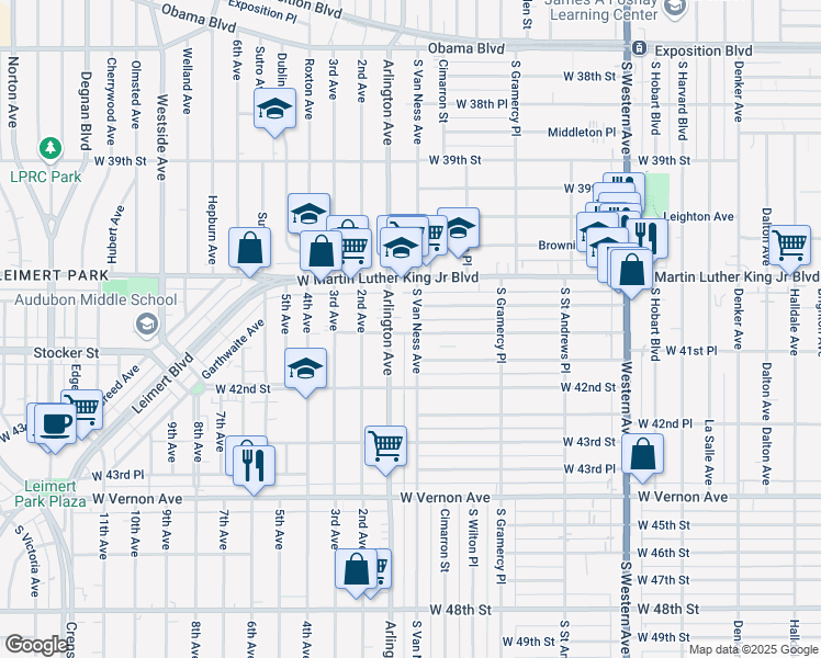 map of restaurants, bars, coffee shops, grocery stores, and more near 4125 South Van Ness Avenue in Los Angeles
