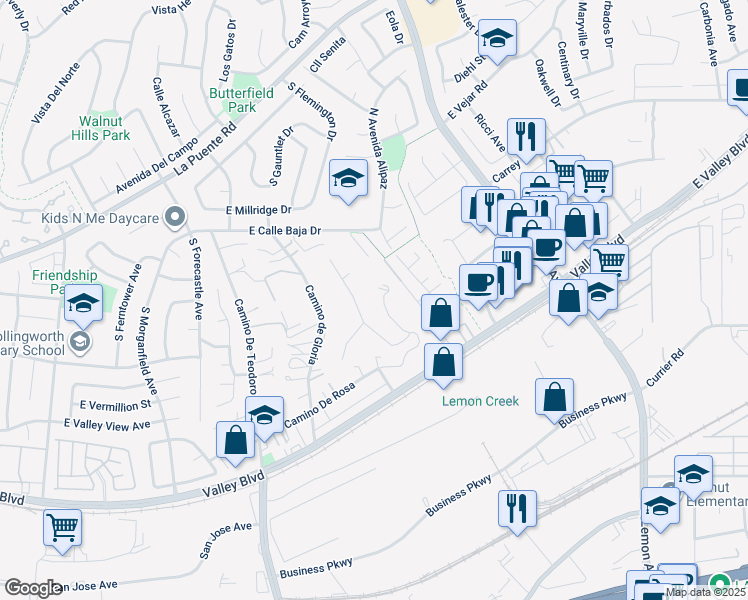map of restaurants, bars, coffee shops, grocery stores, and more near 451 Avenida Esplendor in Walnut