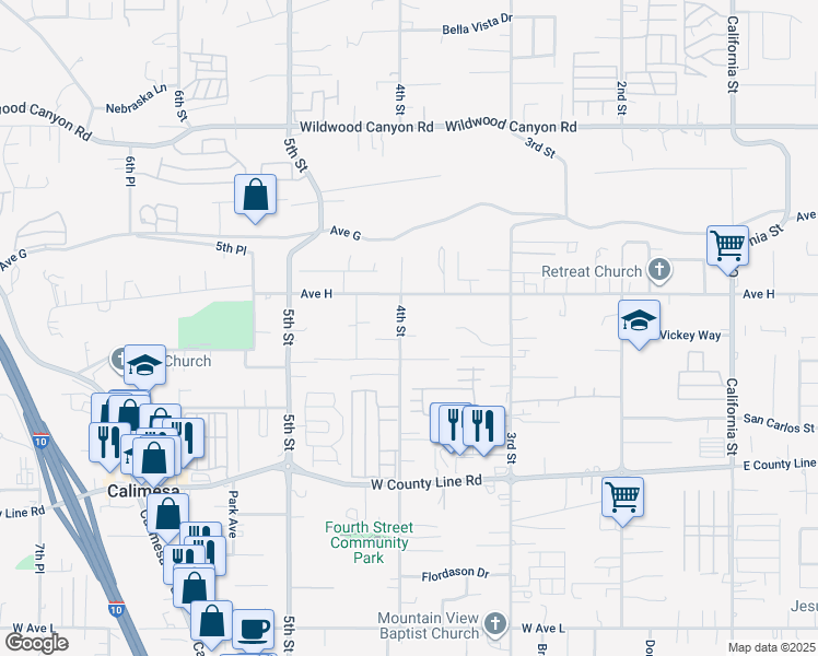 map of restaurants, bars, coffee shops, grocery stores, and more near 13457 4th Street in Yucaipa
