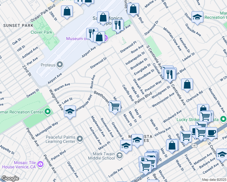 map of restaurants, bars, coffee shops, grocery stores, and more near 3431 Halderman Street in Los Angeles