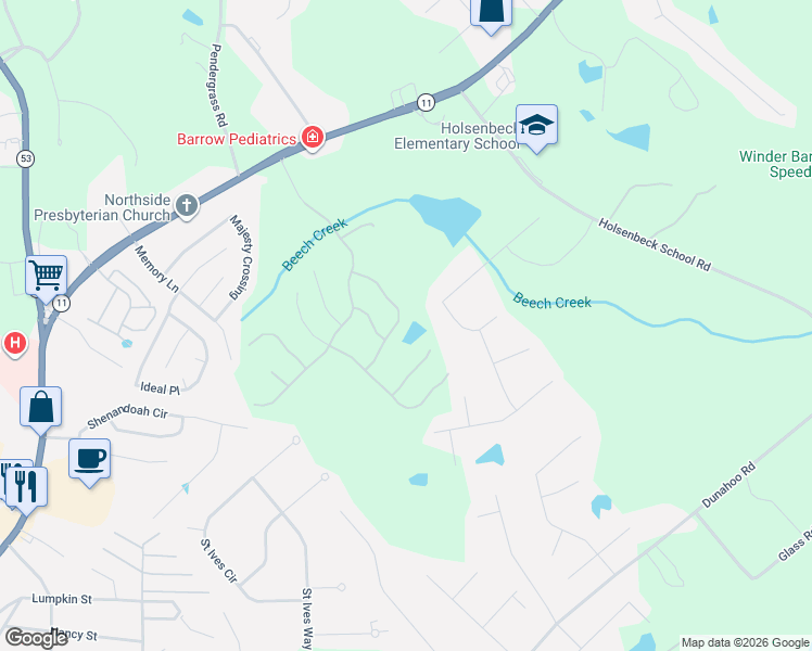 map of restaurants, bars, coffee shops, grocery stores, and more near 1824 Alberta Lane in Winder