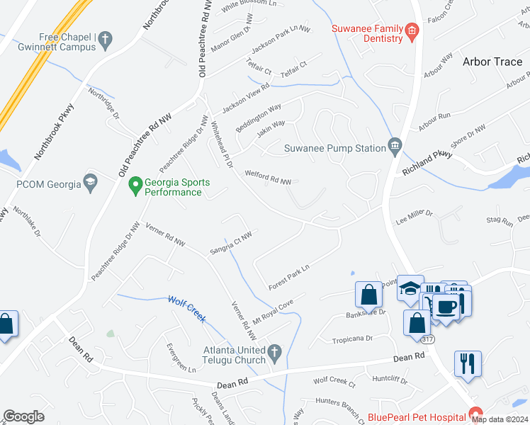 map of restaurants, bars, coffee shops, grocery stores, and more near 2460 Whitehead Place Drive in Suwanee