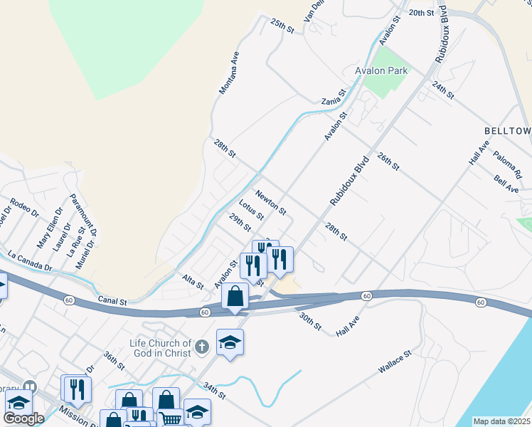 map of restaurants, bars, coffee shops, grocery stores, and more near 5747 Lotus Street in Riverside