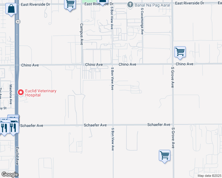 map of restaurants, bars, coffee shops, grocery stores, and more near 13446 South Bon View Avenue in Ontario