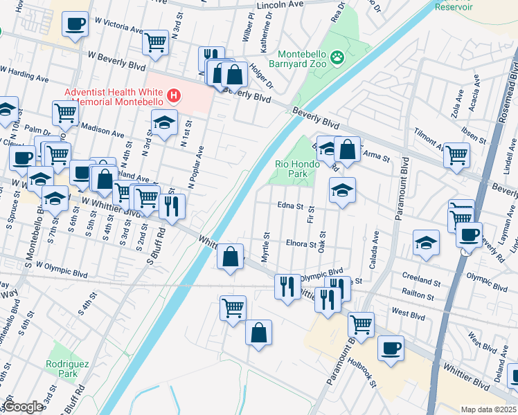 map of restaurants, bars, coffee shops, grocery stores, and more near 8231 Edna Street in Pico Rivera