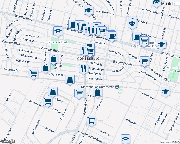 map of restaurants, bars, coffee shops, grocery stores, and more near 1404 Garfield Avenue in Commerce
