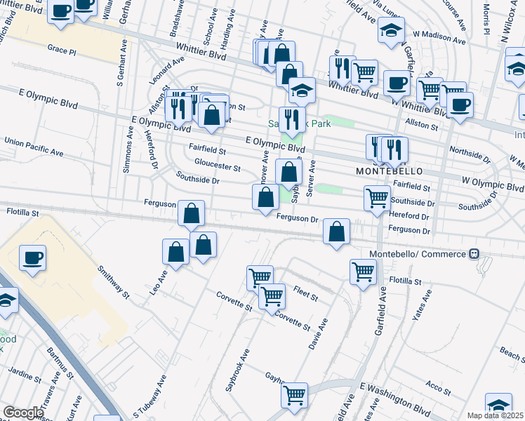 map of restaurants, bars, coffee shops, grocery stores, and more near 6208 East Hereford Drive in East Los Angeles