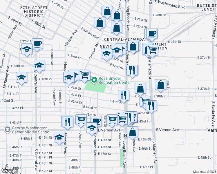 map of restaurants, bars, coffee shops, grocery stores, and more near 1501 East 41st Street in Los Angeles