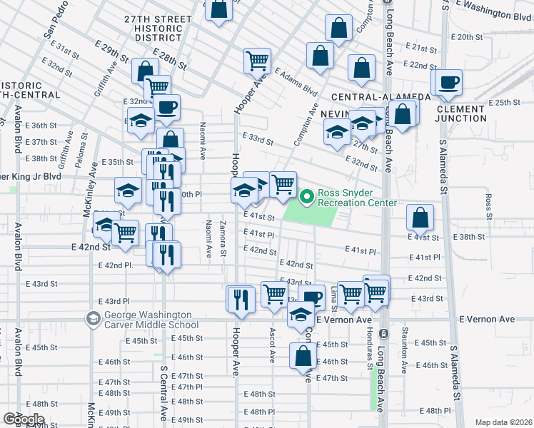 map of restaurants, bars, coffee shops, grocery stores, and more near 1319 East 41st Street in Los Angeles