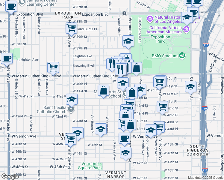 map of restaurants, bars, coffee shops, grocery stores, and more near 4312 Walton Avenue in Los Angeles