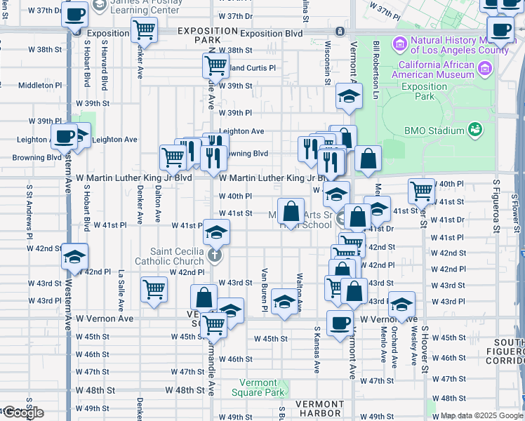 map of restaurants, bars, coffee shops, grocery stores, and more near 1244 West 40th Place in Los Angeles
