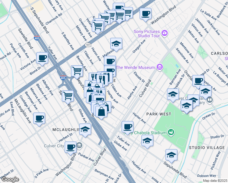 map of restaurants, bars, coffee shops, grocery stores, and more near 4052 Tilden Avenue in Culver City