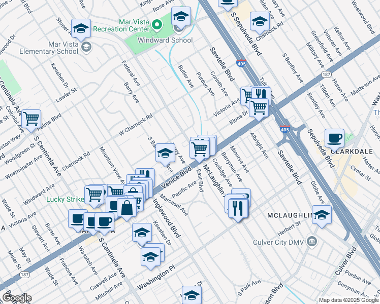 map of restaurants, bars, coffee shops, grocery stores, and more near 3752 McLaughlin Avenue in Los Angeles