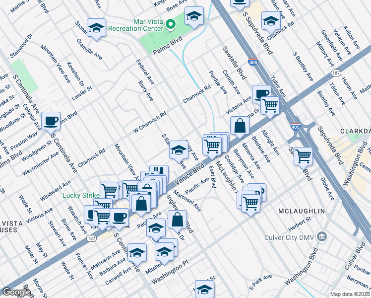map of restaurants, bars, coffee shops, grocery stores, and more near 3718 Barry Avenue in Los Angeles