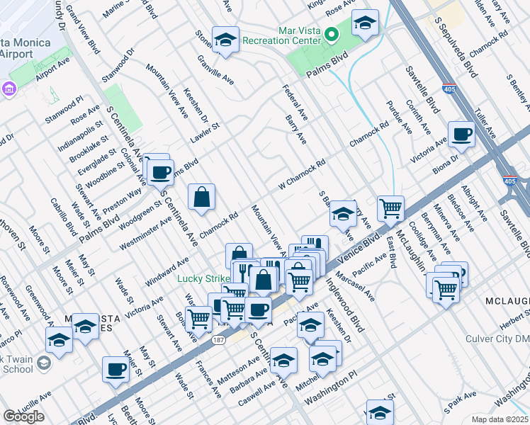 map of restaurants, bars, coffee shops, grocery stores, and more near 3616 Mountain View Avenue in Los Angeles